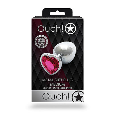 Shots Ouch! Heart Gem Butt Plug Medium - Silver/Rubellite Pink