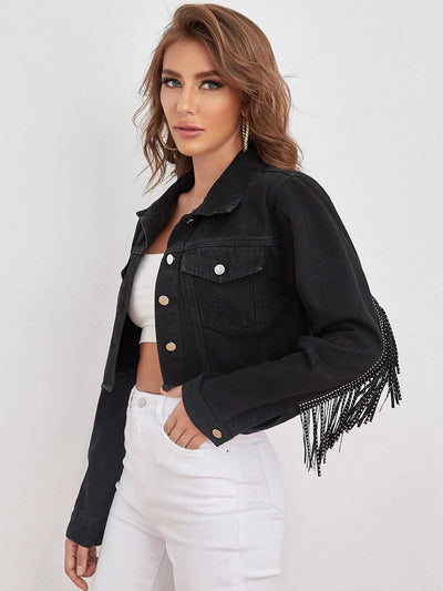 Fringe Detail Collared Neck Cropped Denim Jacket