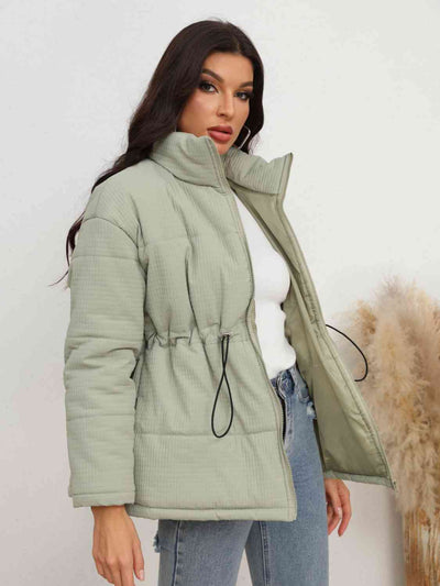 Drawstring Waist Zip-Up Puffer Jacket