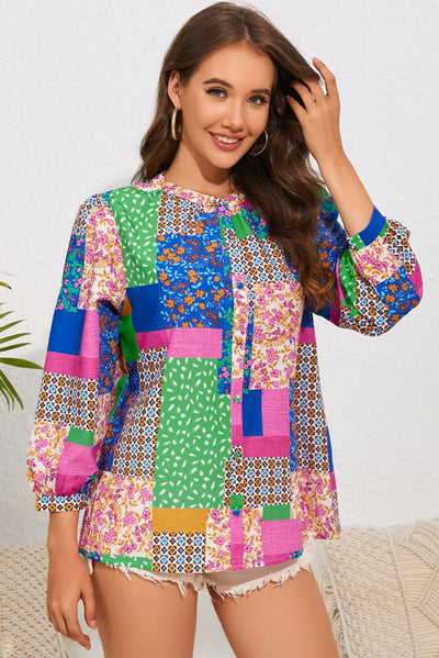 Double Take Patchwork Round Neck Shirt