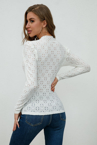 Round Neck Eyelet Long Sleeve Blouse