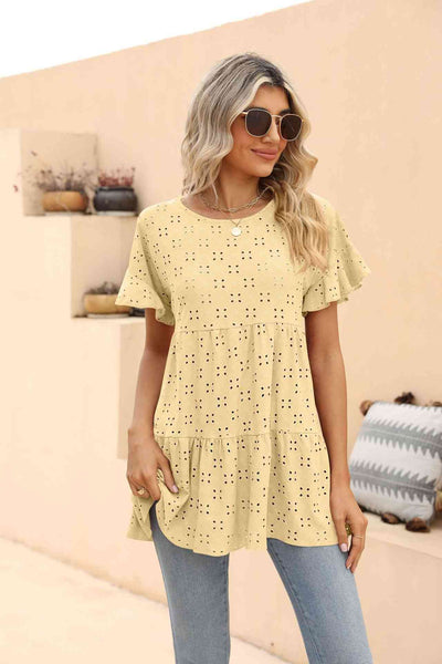 Openwork Round Neck Flounce Sleeve Blouse