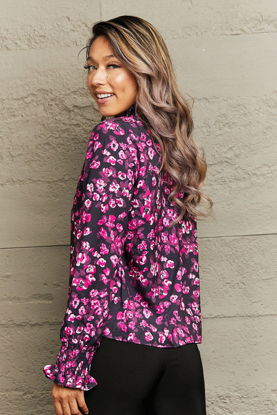 Floral Mock Neck Flounce Sleeve Blouse