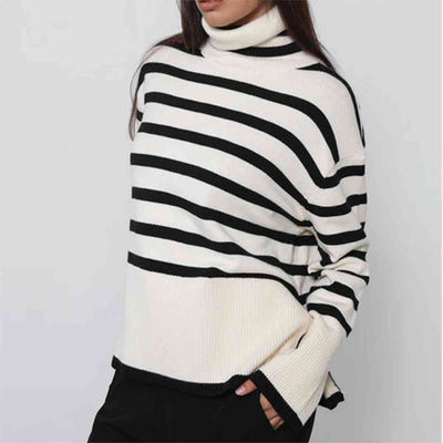 Striped Turtleneck Flare Sleeve Sweater