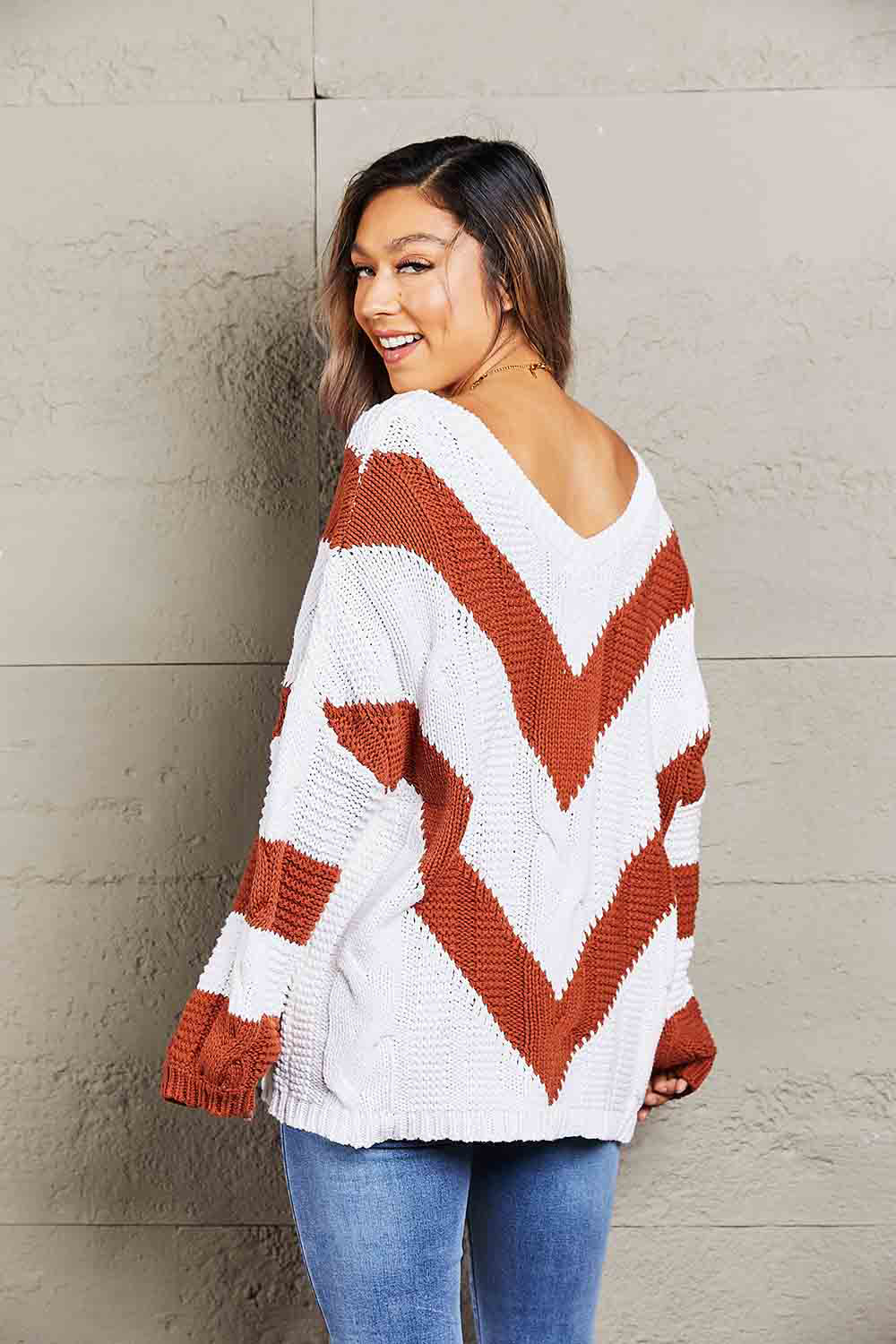 Woven Right Chevron Cable-Knit V-Neck Tunic Sweater