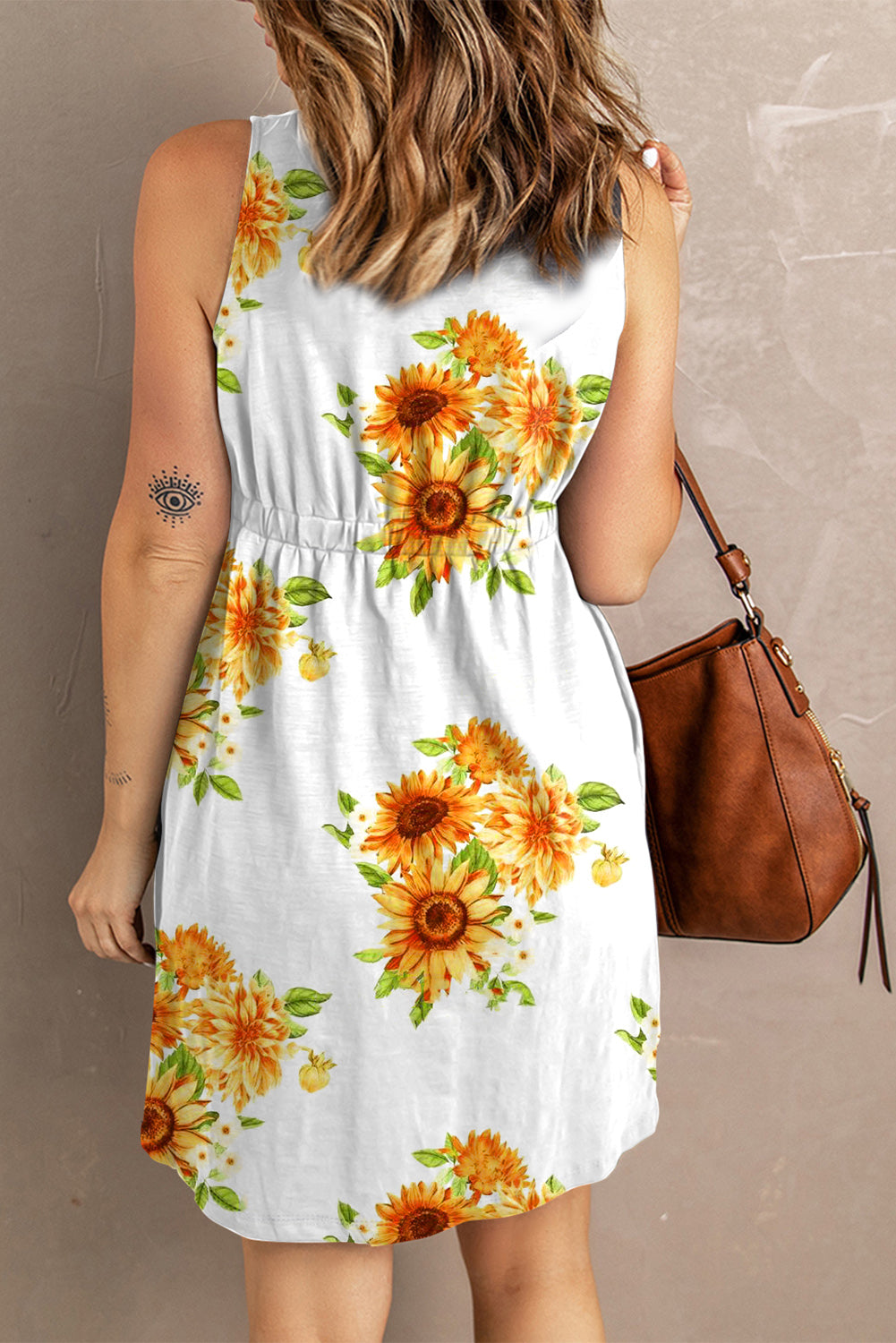 Sunflower Print Button Down Sleeveless Dress Trends