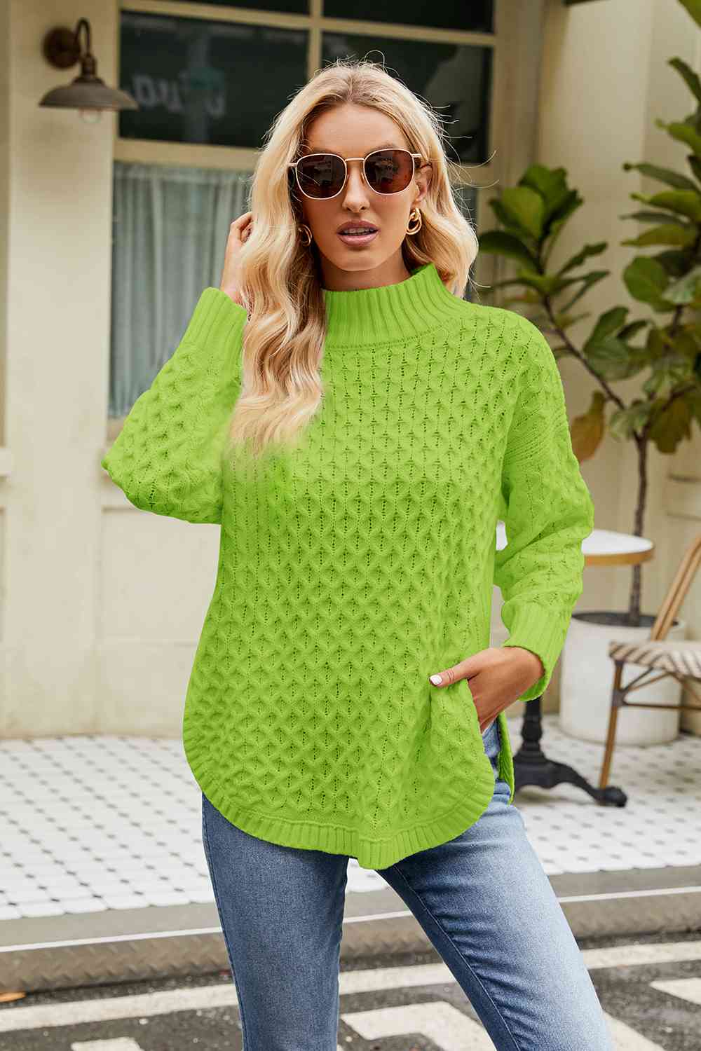 Slit Long Sleeve Mock Neck Sweater