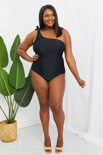 Marina West Swim Deep End One-Shoulder One-Piece Swimsuit in Black