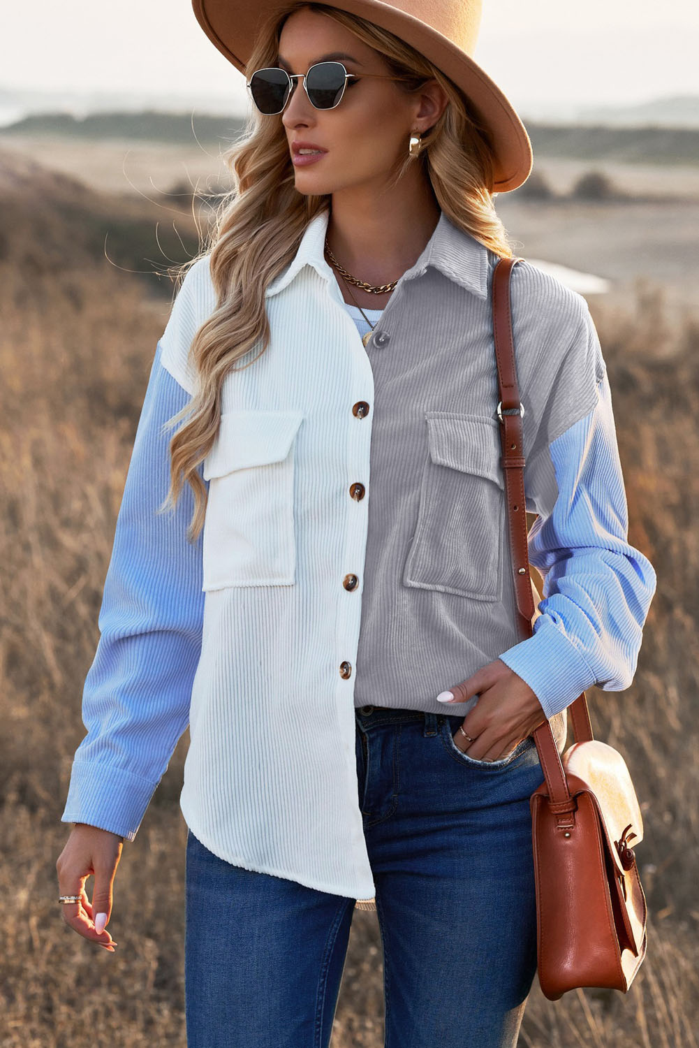 Color Block Button Front Shirt with Pockets