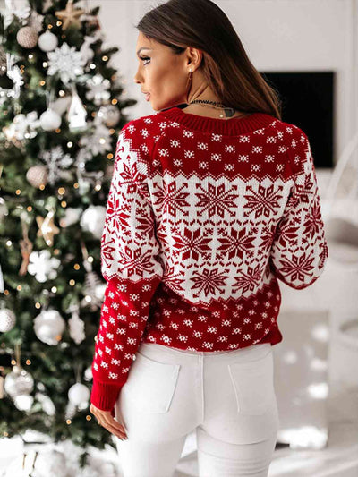 Snowflake Round Neck Long Sleeve Sweater