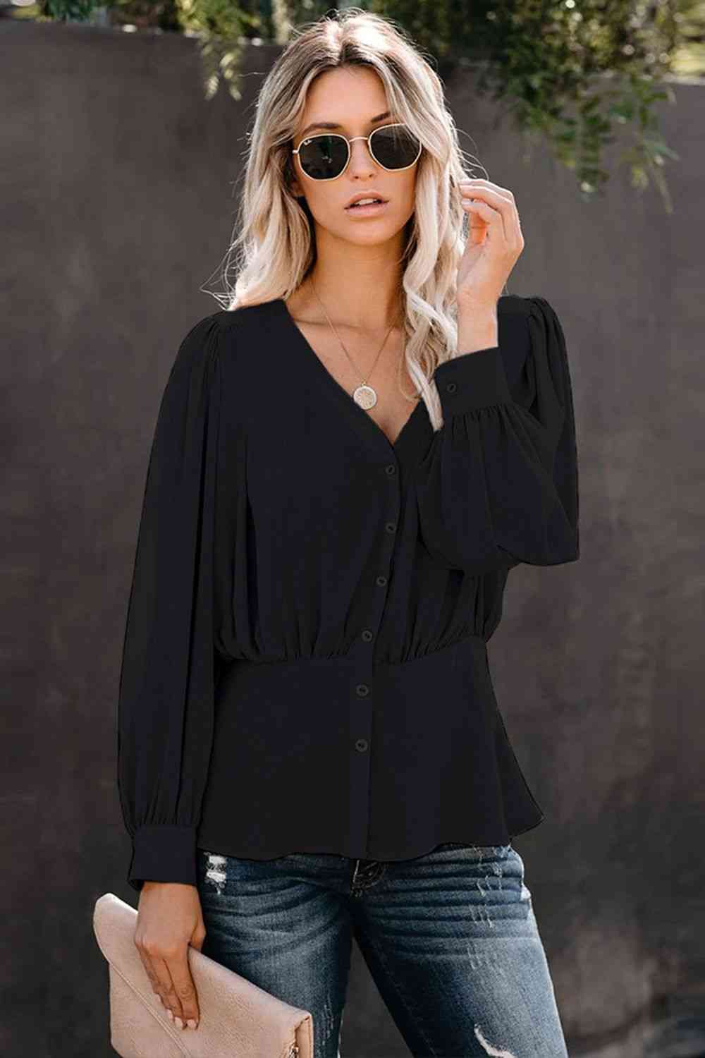 Buttoned Puff Sleeve Blouse