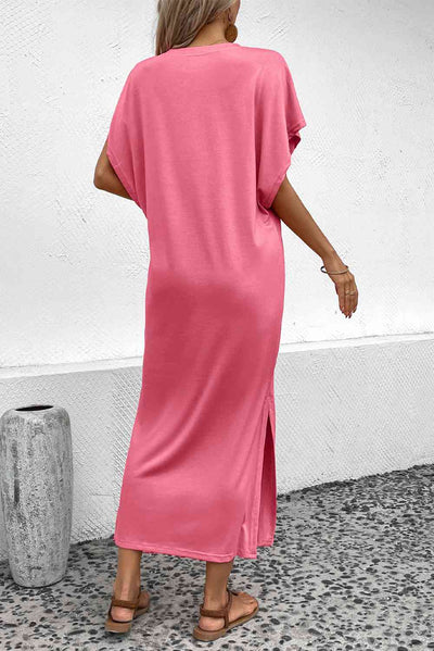 Round Neck Short Sleeve Side Slit Midi Dress