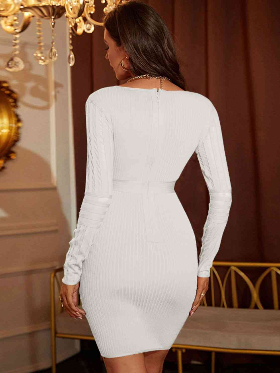 Ribbed Deep V Long Sleeve Mini Bandage Dress