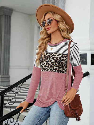 Color Block Round Neck Long Sleeve Blouse