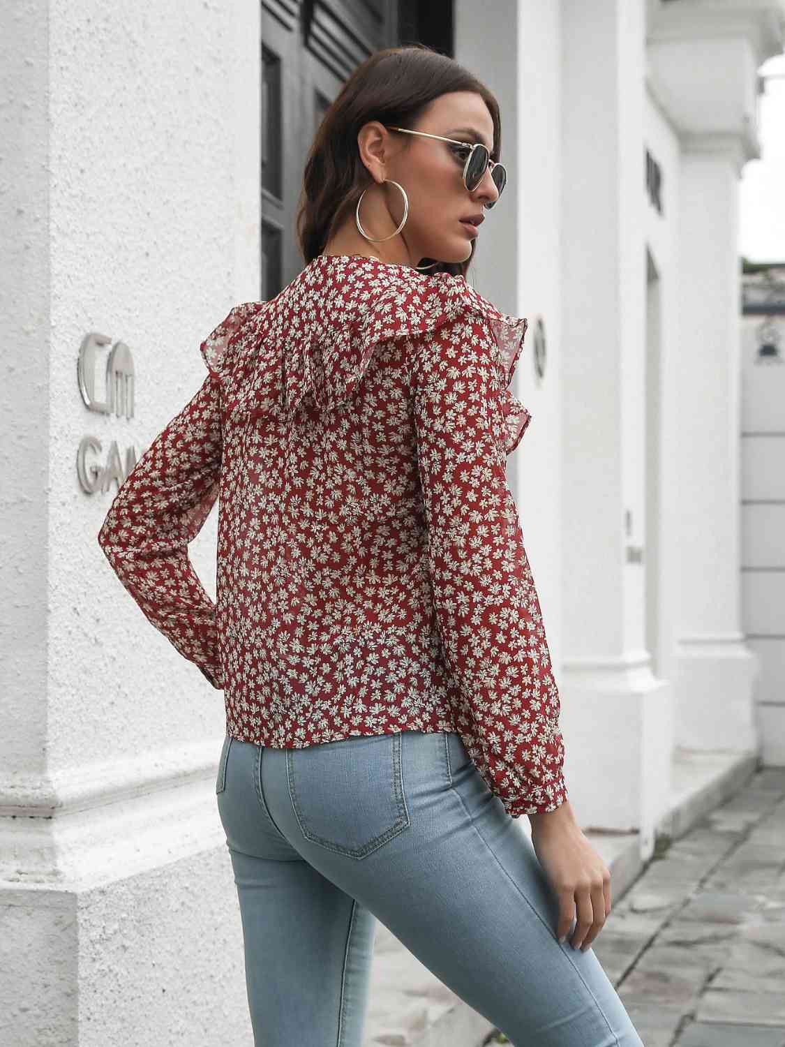 Printed Statement Collar Long Sleeve Blouse