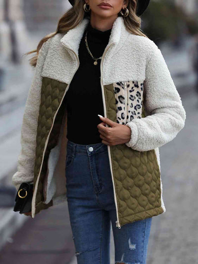 Leopard Color Block Zip-Up Jacket