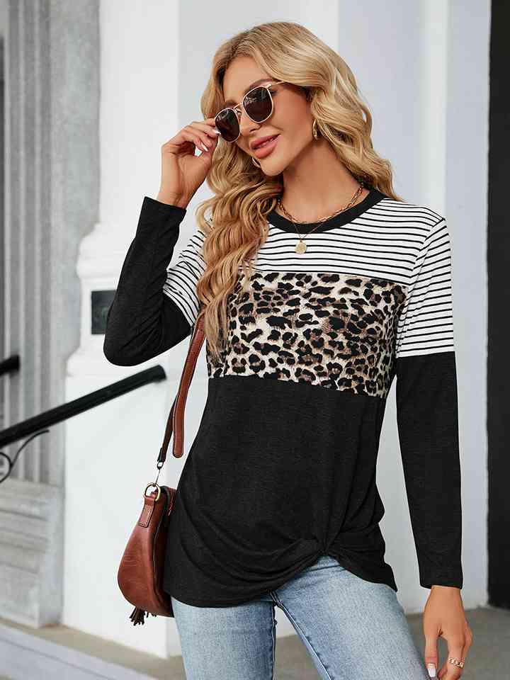 Color Block Round Neck Long Sleeve Blouse