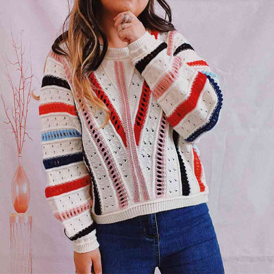 Striped Openwork Round Neck Sweater