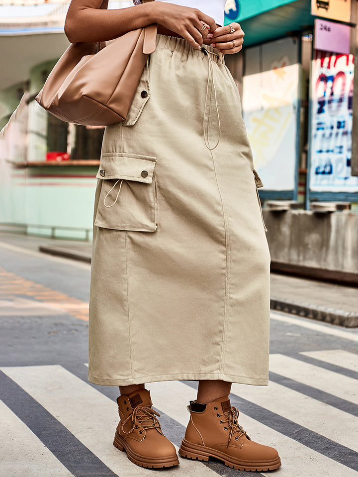 Drawstring Waist Slit Denim Skirt