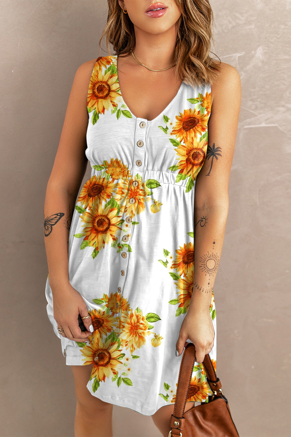 Sunflower Print Button Down Sleeveless Dress Trends