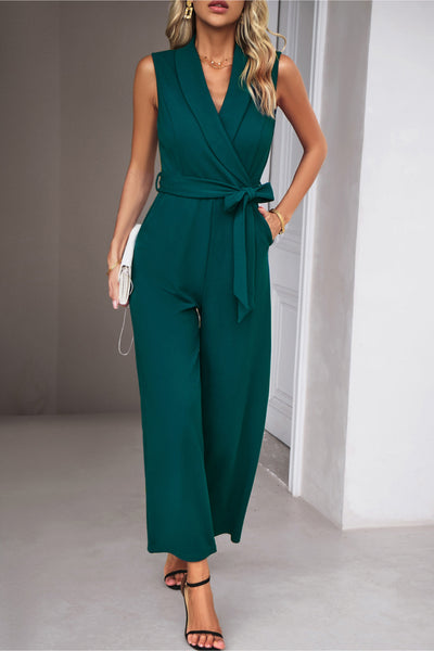 Tie Waist Shawl Collar Sleeveless Jumpsuit