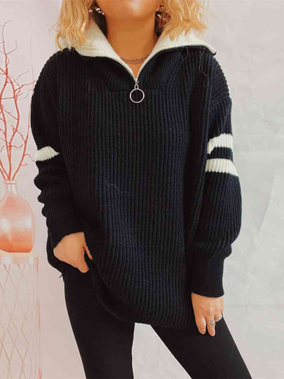 Ribbed Two-Tone Half Zip Sweater