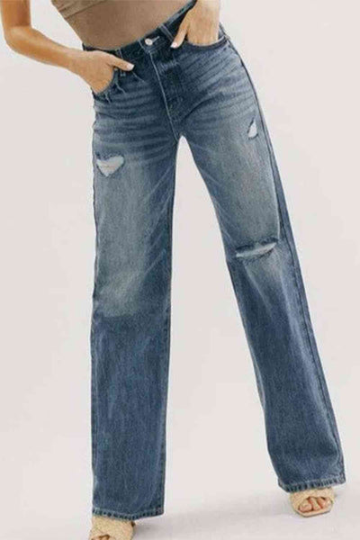 Buttoned Distressed Washed Jeans