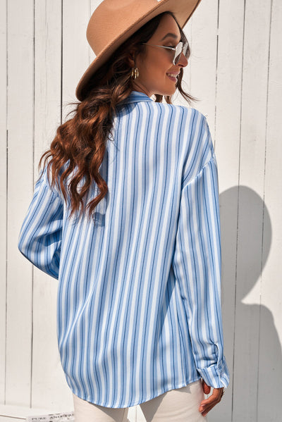 Striped Button-Up Dropped Shoulder Shirt