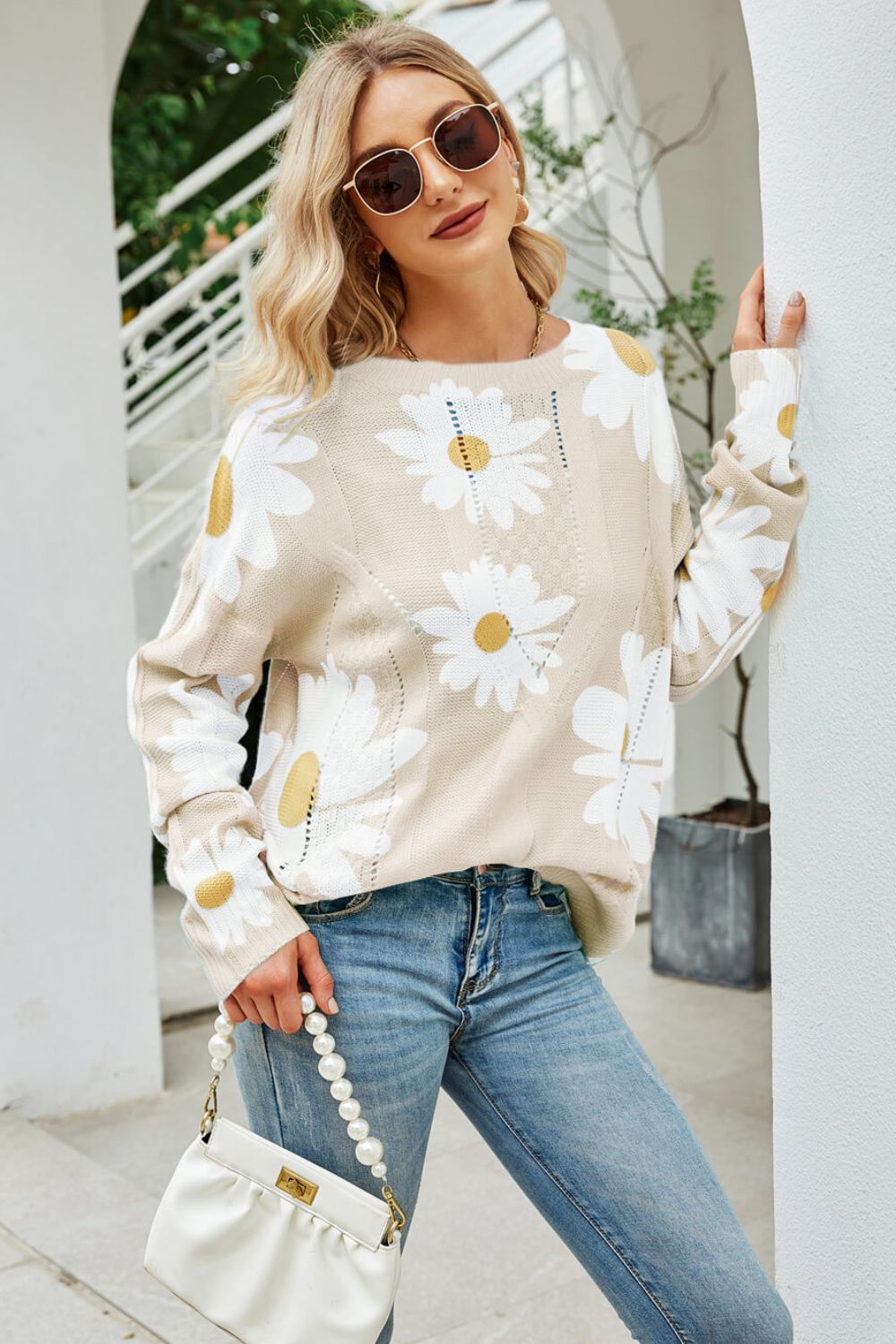 Daisy Print Openwork Round Neck Sweater