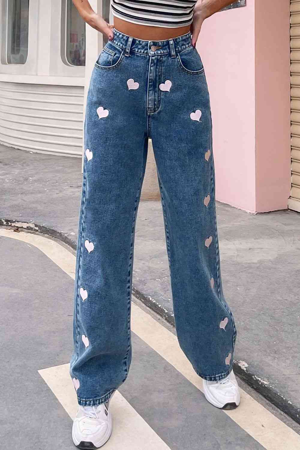 Heart Print Buttoned Jeans