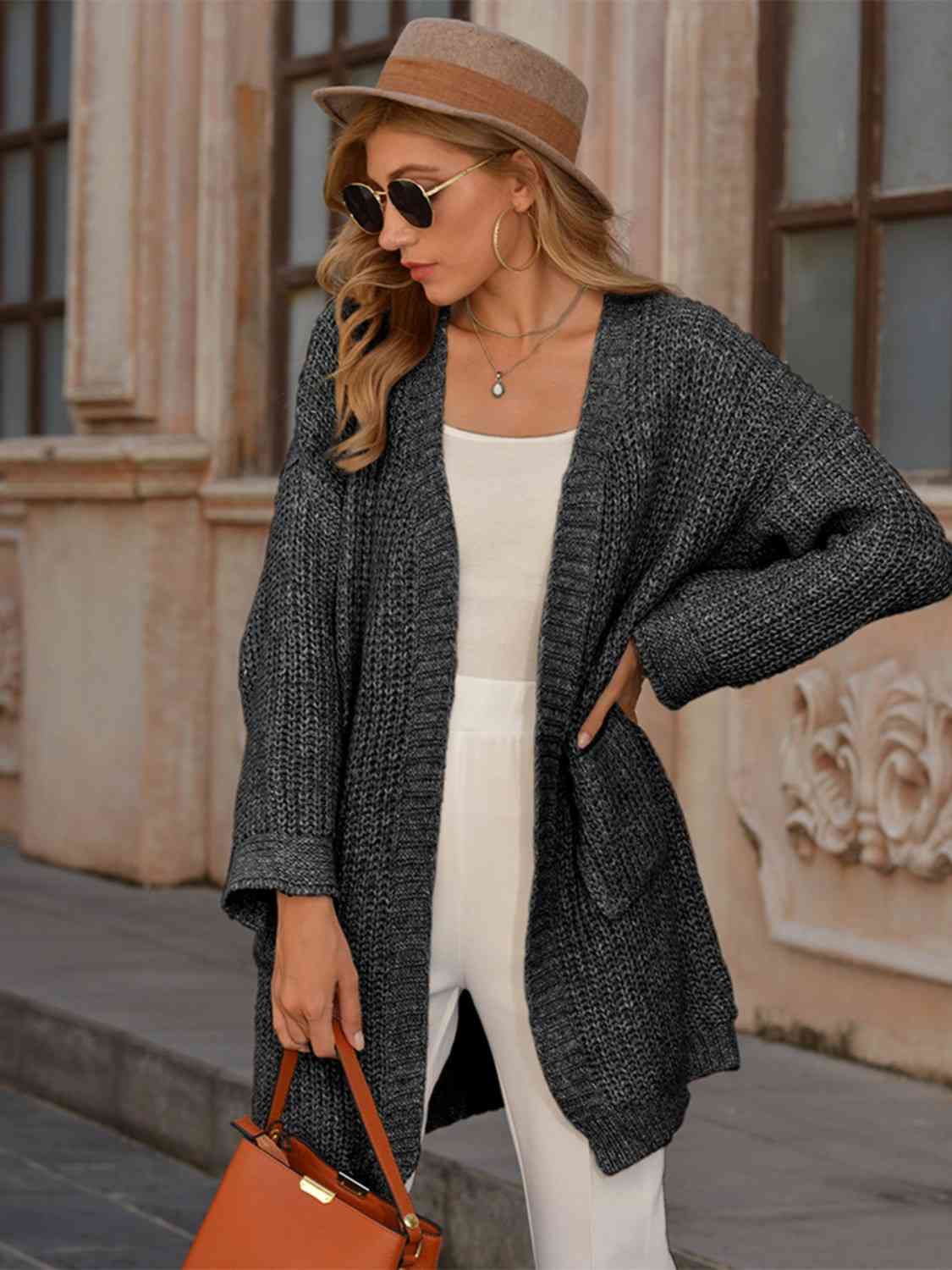 Open Front Long Sleeve Cardigan with Pockets