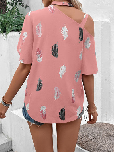 Asymmetrical One Shoulder Short Sleeve Printed Blouse